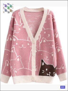 Kawaii Cartoon Cat Cardigan Japanese Aesthetic Button Down Jacquard Knit
